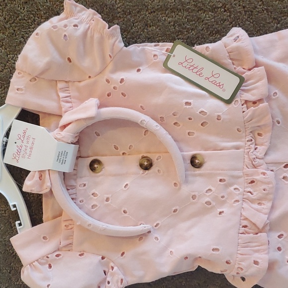 Baby Girls Little Lass Pink Eyelet Jumpsuit & Headband Size 12 18 24 months NWT - Picture 3 of 6
